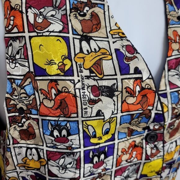 VINTAGE 90s vest Looney Tunes Warner Bros character tile button up tie back S/M - Picture 3 of 7